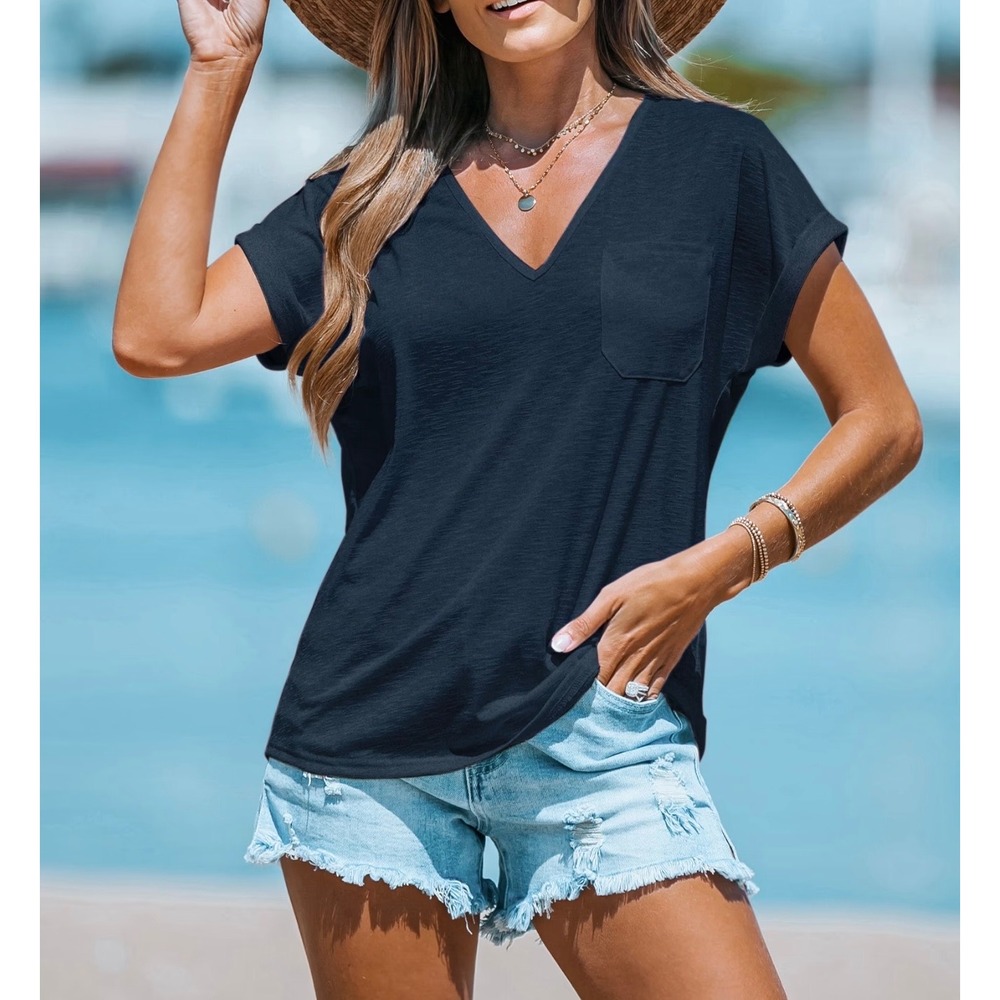CUPSHE NWT Weekender Knit V-Neck‎ Pocket Tee Rolled Sleeve Top L